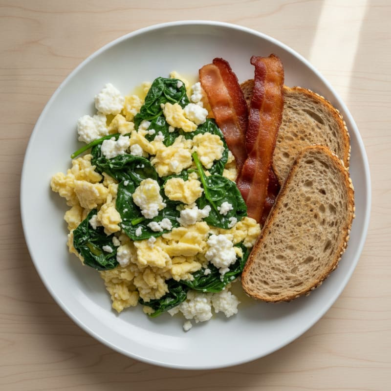 Cottage Cheese Egg Scramble with Spinach and Turkey Bacon