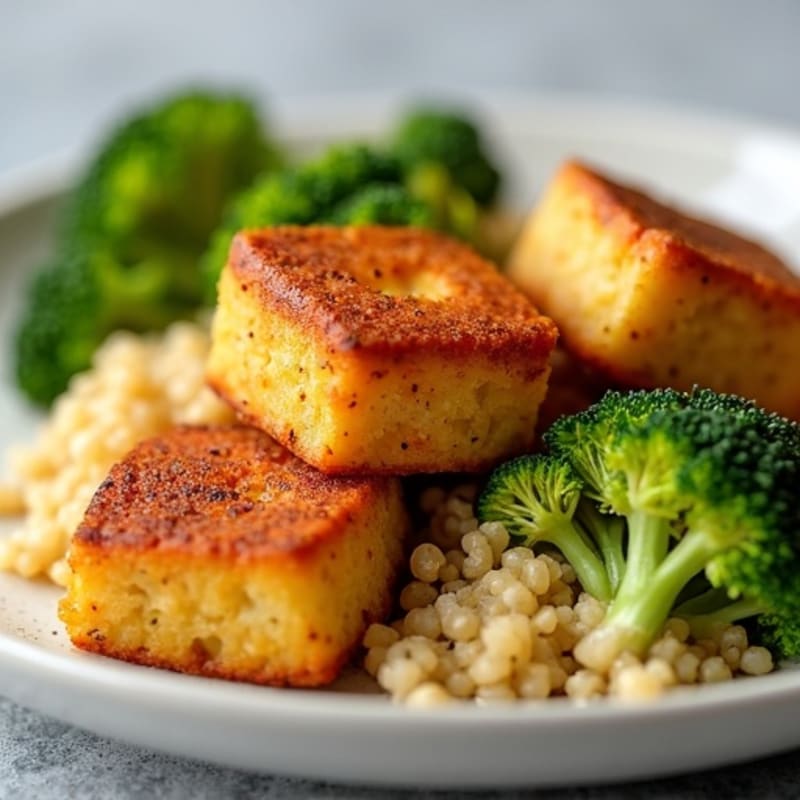 Crispy Baked Tofu Bites with Quinoa and Steamed Broccoli