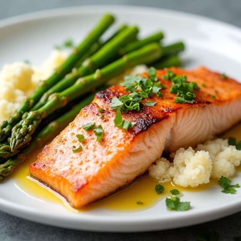 Seared Salmon with Steamed Asparagus and Cauliflower Mash