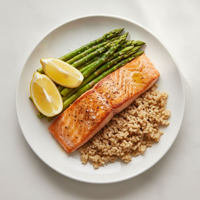 Seared Salmon Fillet with Steamed Asparagus and Brown Rice