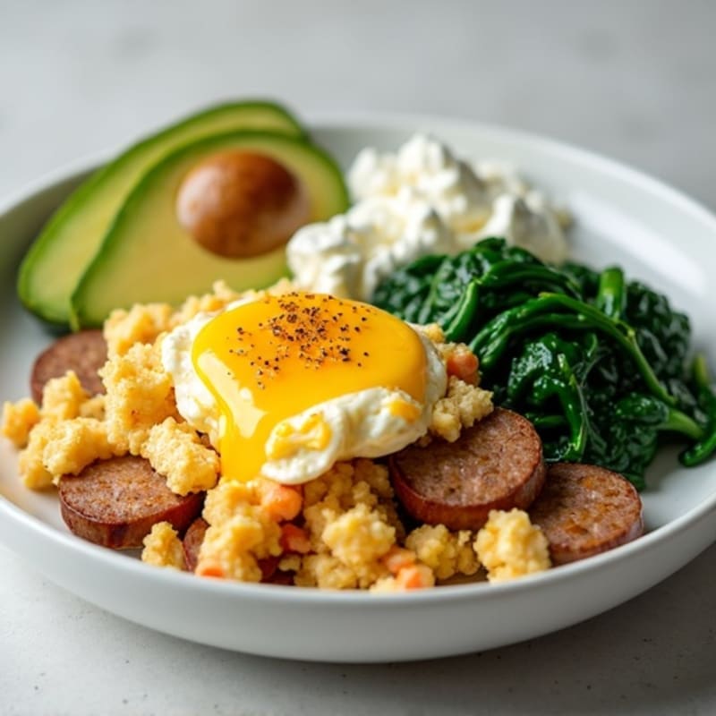 Egg White and Turkey Sausage Scramble with Cottage Cheese and Sautéed Spinach