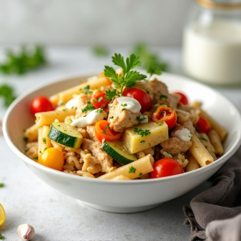 Chicken and Vegetable Whole Wheat Pasta with Creamy Lemon Herb Sauce