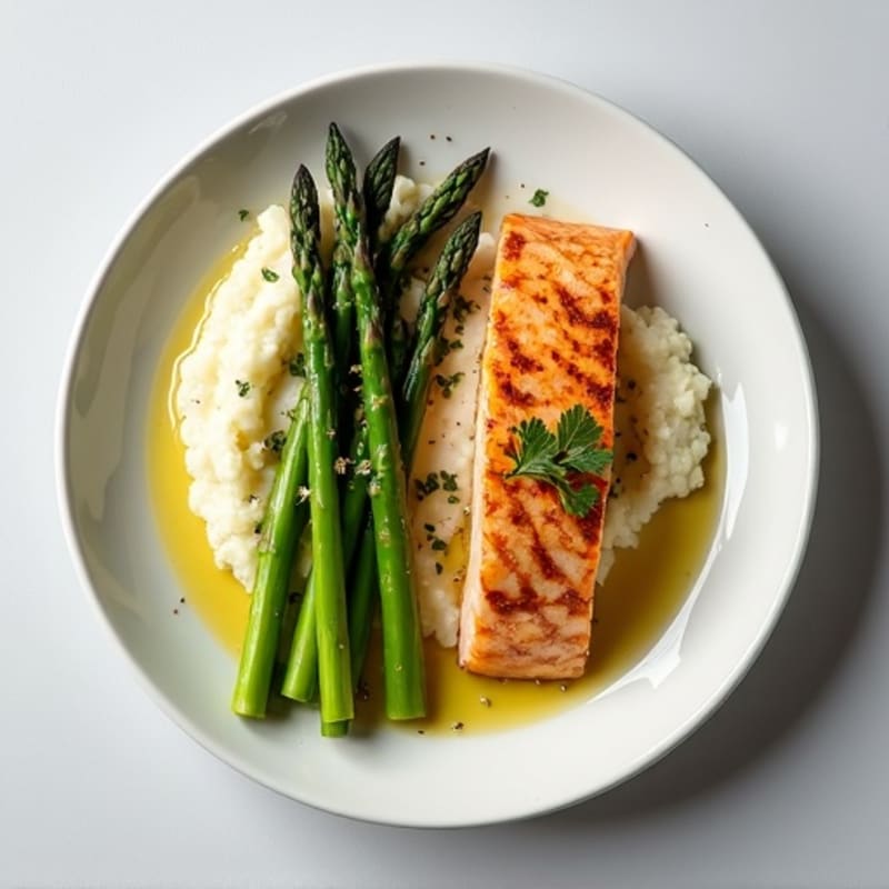 Seared Salmon with Steamed Asparagus and Cauliflower Mash