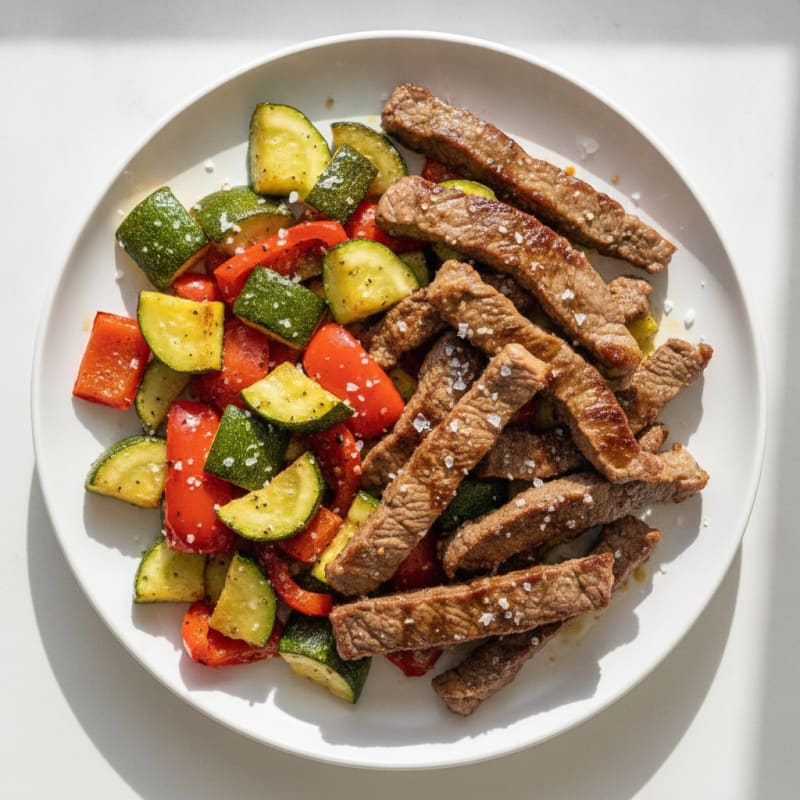Seared Lean Beef Strips with Roasted Zucchini and Bell Peppers