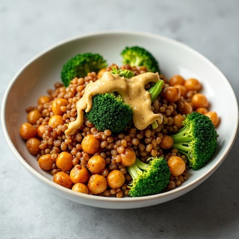 Crispy Lentil and Chickpea Stir-Fry with Broccoli and Tahini Drizzle