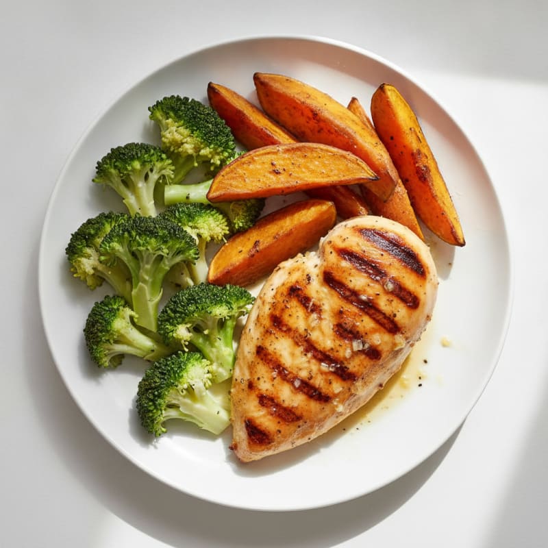 Grilled Chicken Breast with Roasted Sweet Potato and Broccoli