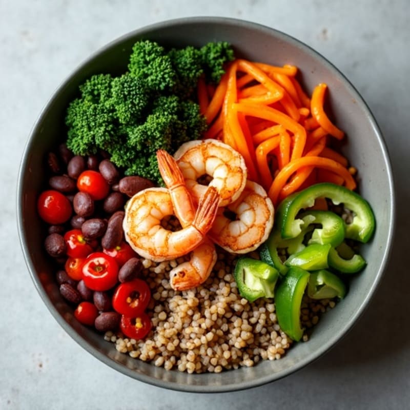 Grilled Shrimp and Black Bean Brown Rice Bowl with Roasted Red Peppers