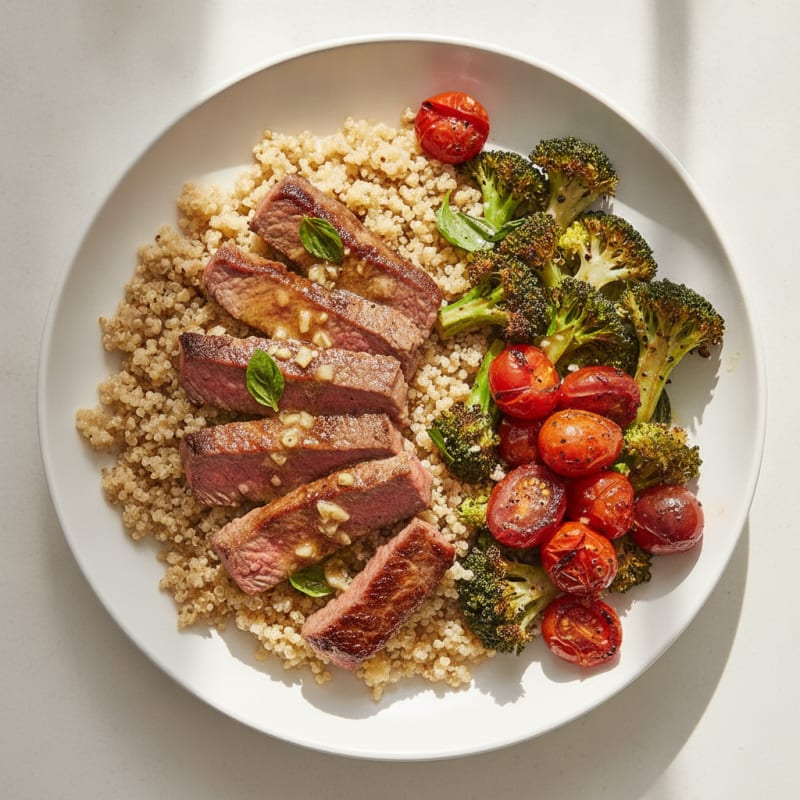 Seared Beef Strips with Roasted Broccoli and Quinoa