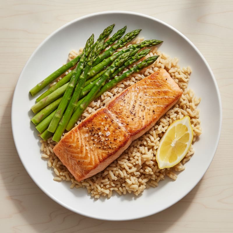 Seared Salmon Fillet with Steamed Asparagus and Brown Rice