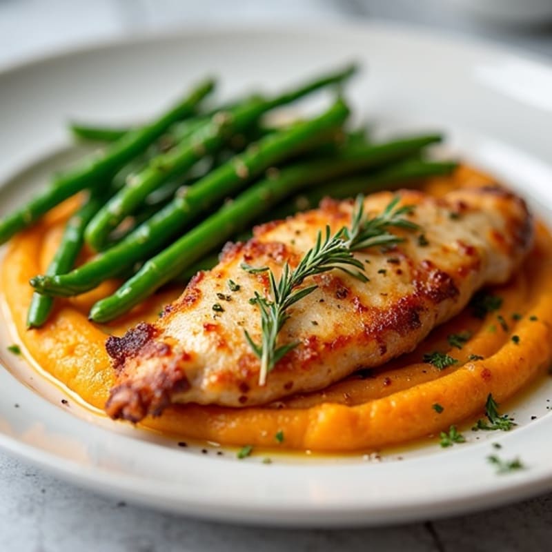 Crispy Herb-Roasted Chicken with Creamy Sweet Potato Puree and Garlicky Green Beans