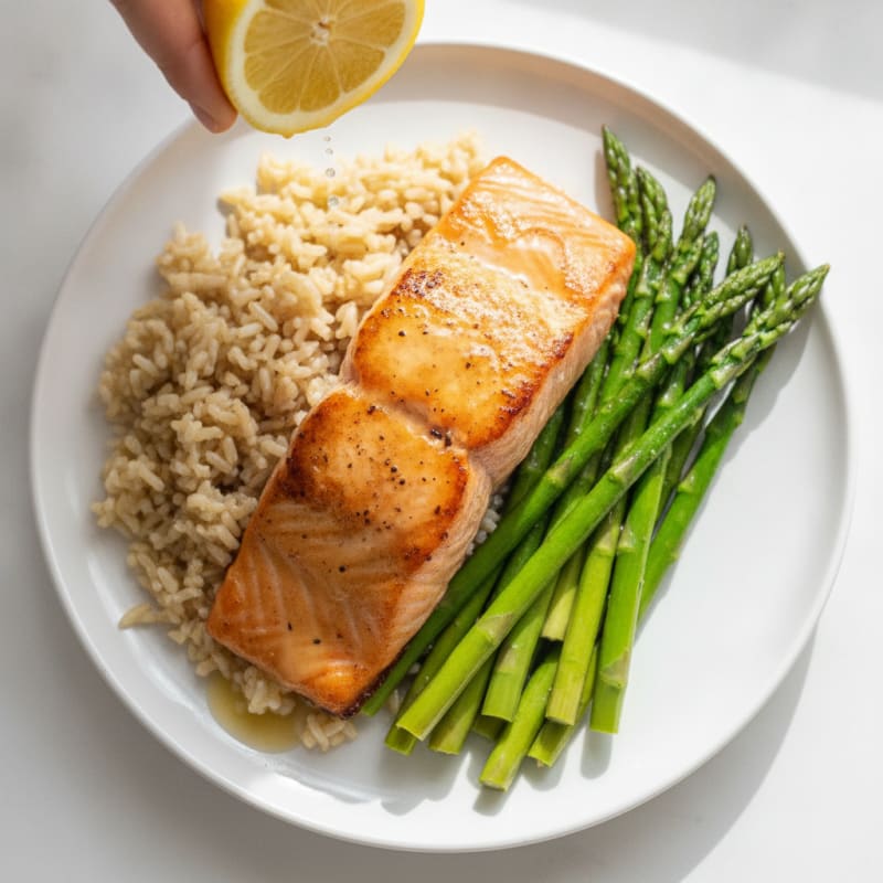 Seared Salmon Fillet with Steamed Asparagus and Brown Rice