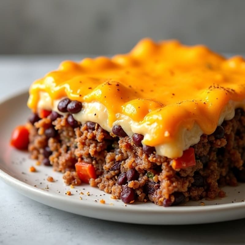 Lean Ground Beef and Black Bean Layered Bake with Cheesy Topping