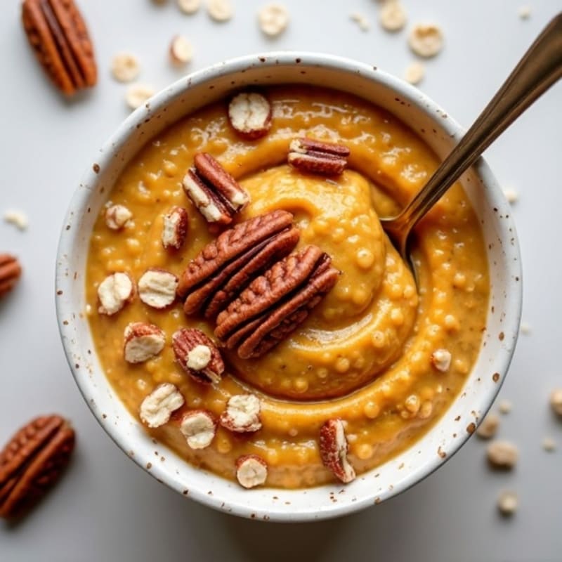 Creamy Pumpkin Spice Protein Oatmeal with Crunchy Pecans