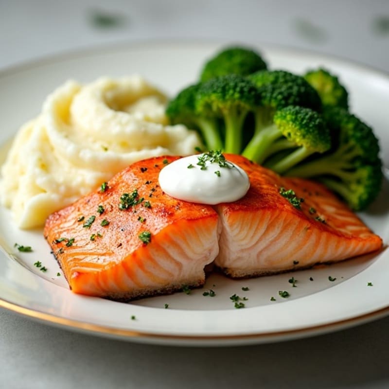 Seared Salmon with Creamy Mashed Potatoes and Roasted Broccoli