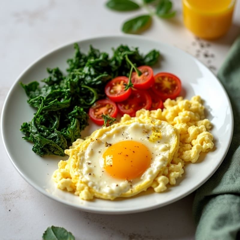 Fluffy Scrambled Eggs with Sautéed Spinach and Cherry Tomatoes
