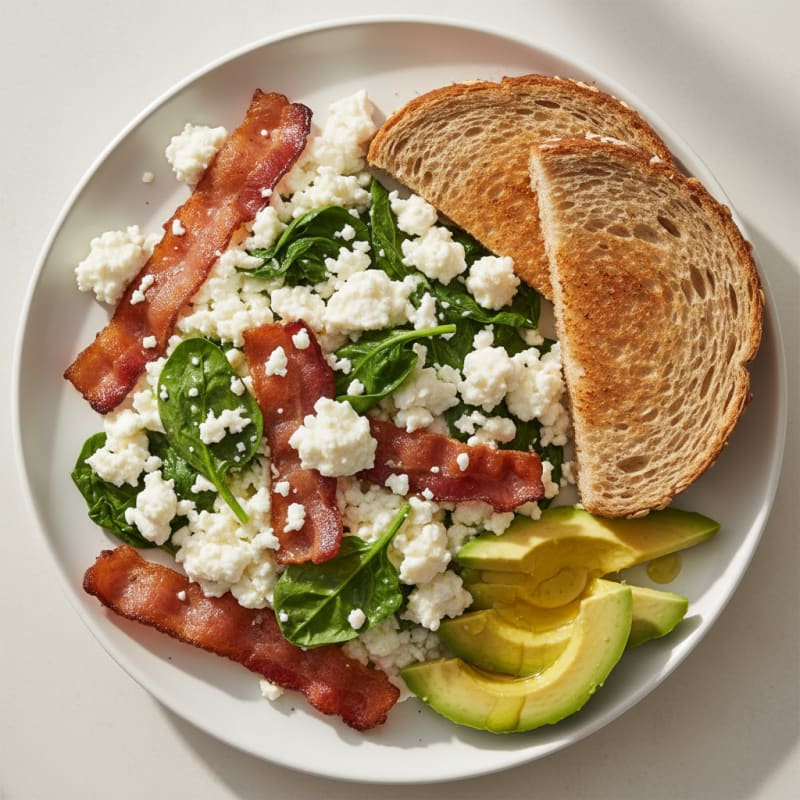 Egg White and Cottage Cheese Scramble with Spinach and Turkey Bacon