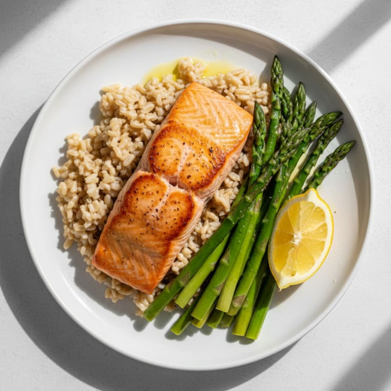 Seared Salmon with Steamed Asparagus and Brown Rice