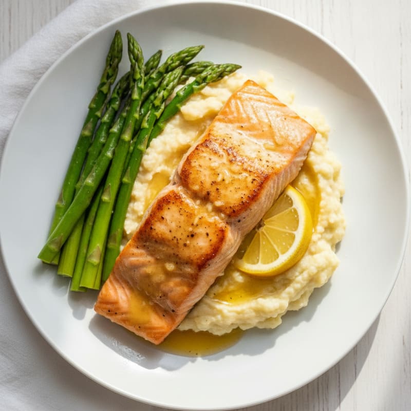 Seared Salmon with Steamed Asparagus and Garlic Cauliflower Mash