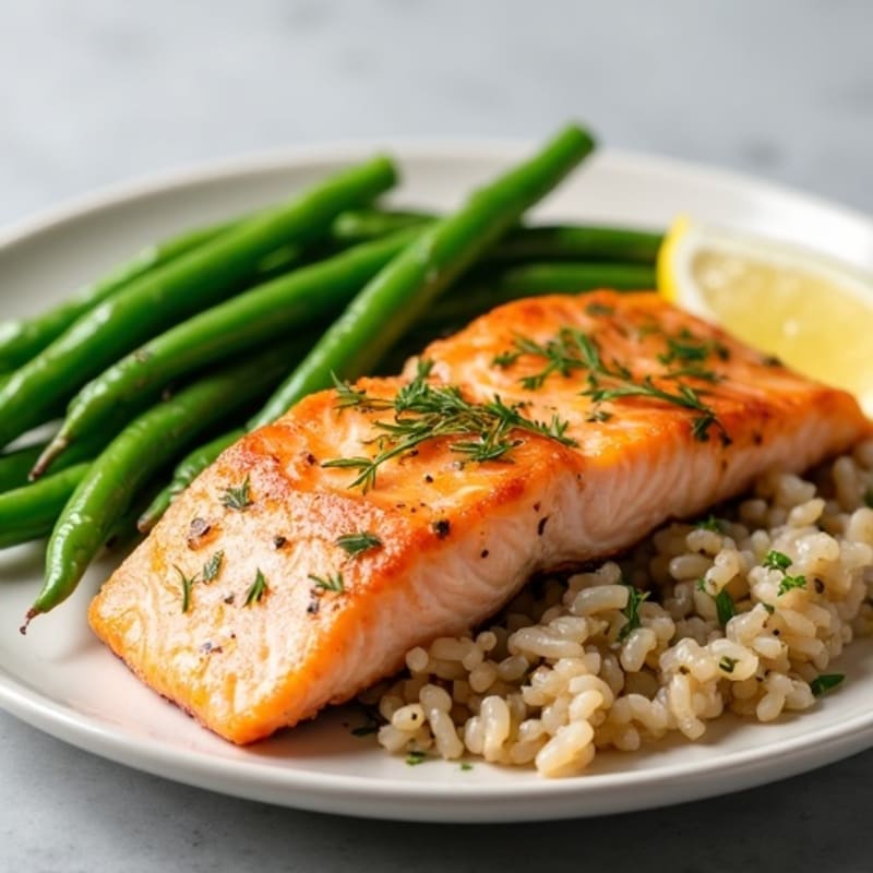 Baked Salmon with Steamed Green Beans and Herb Rice