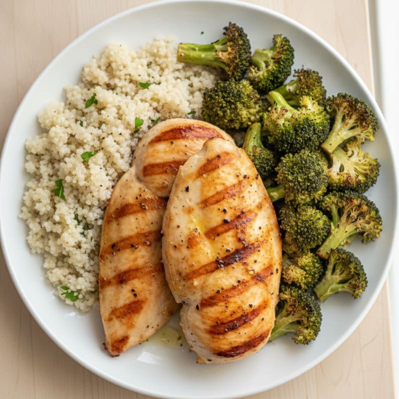 Grilled Lemon Pepper Chicken Breast with Quinoa and Roasted Broccoli