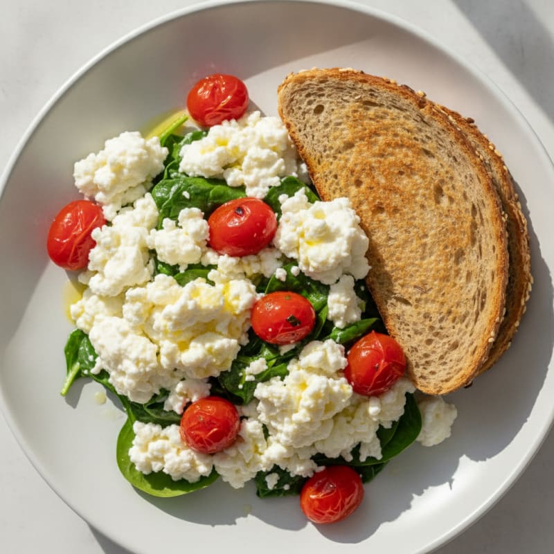 Cottage Cheese Egg White Scramble with Spinach and Cherry Tomatoes