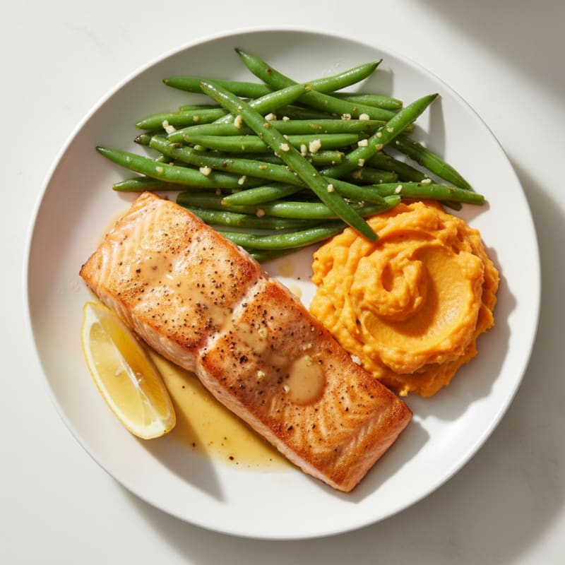 Seared Salmon with Garlic Green Beans and Sweet Potato Mash
