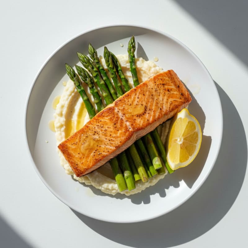 Seared Salmon with Steamed Asparagus and Cauliflower Mash