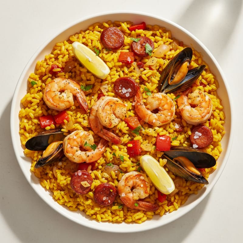 Saffron Seafood Paella with Chorizo