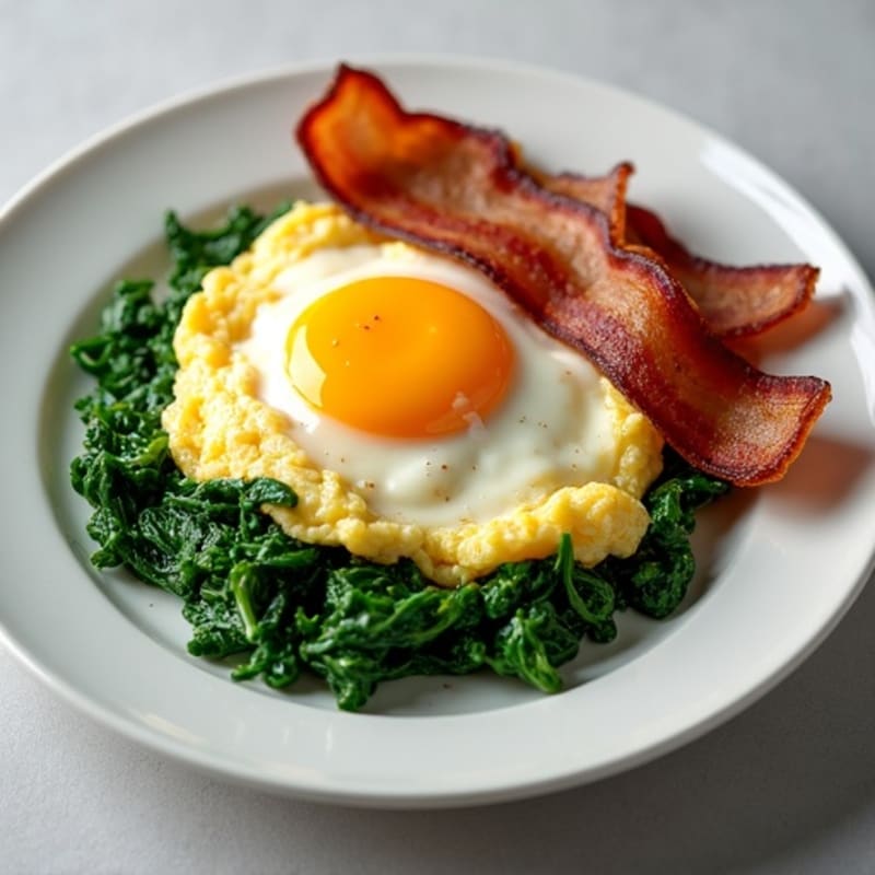 Fluffy Scrambled Eggs with Sautéed Spinach and Crispy Turkey Bacon
