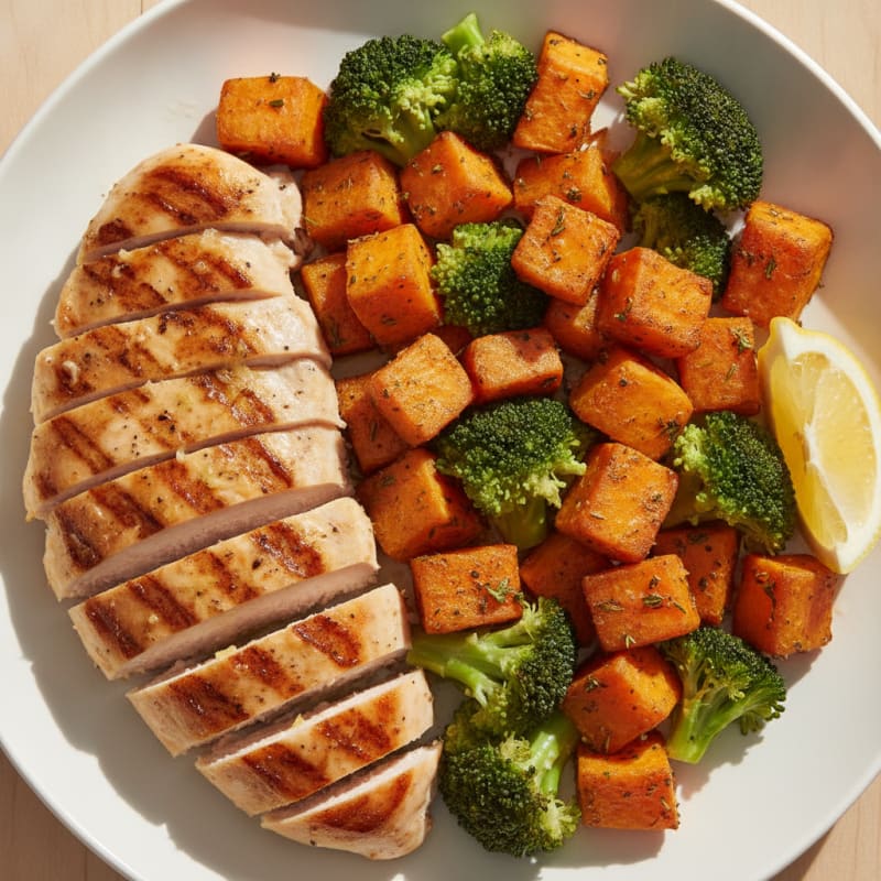 Grilled Chicken Breast with Roasted Sweet Potato and Steamed Broccoli
