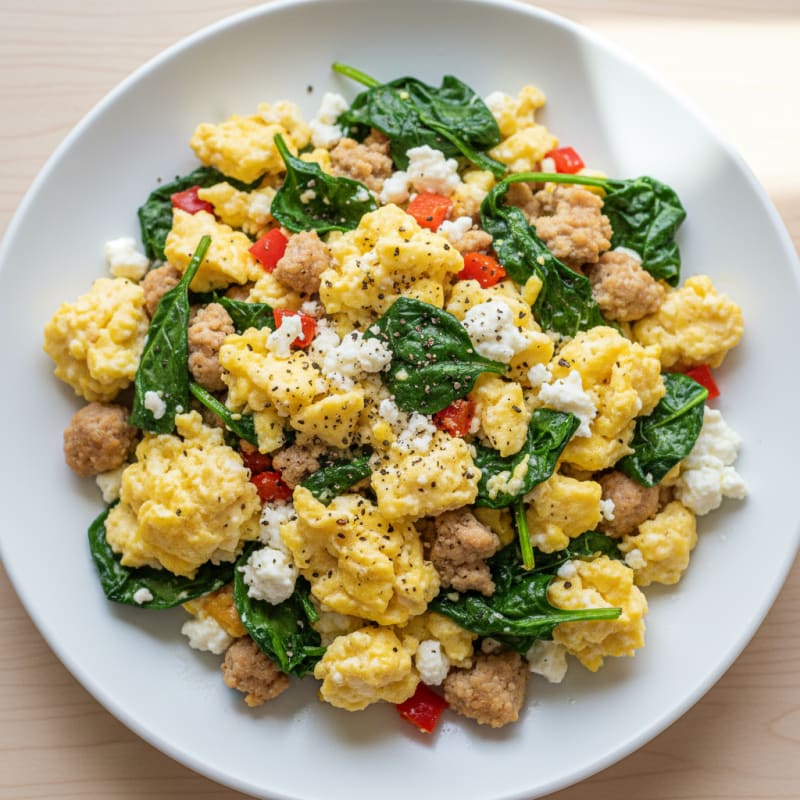 Cottage Cheese Egg Scramble with Spinach and Sautéed Turkey