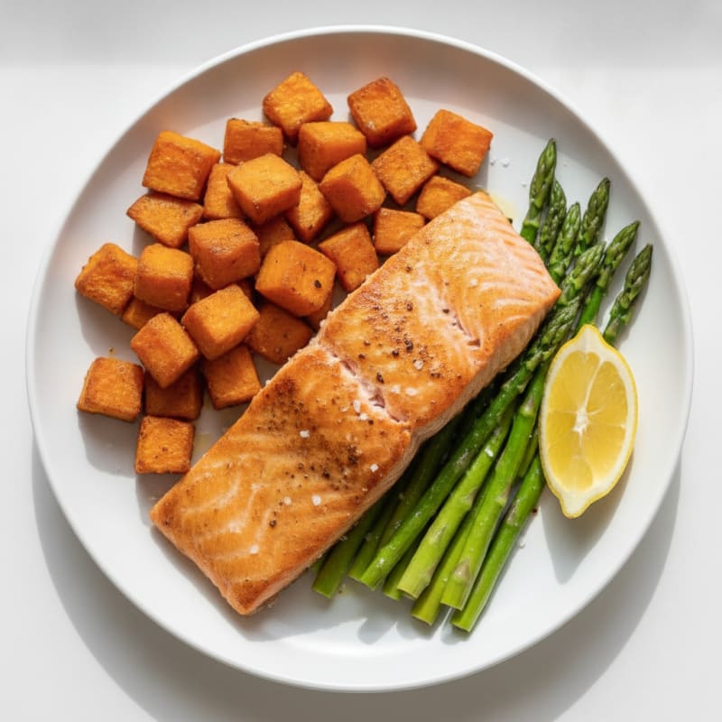 Seared Salmon with Roasted Sweet Potatoes and Asparagus