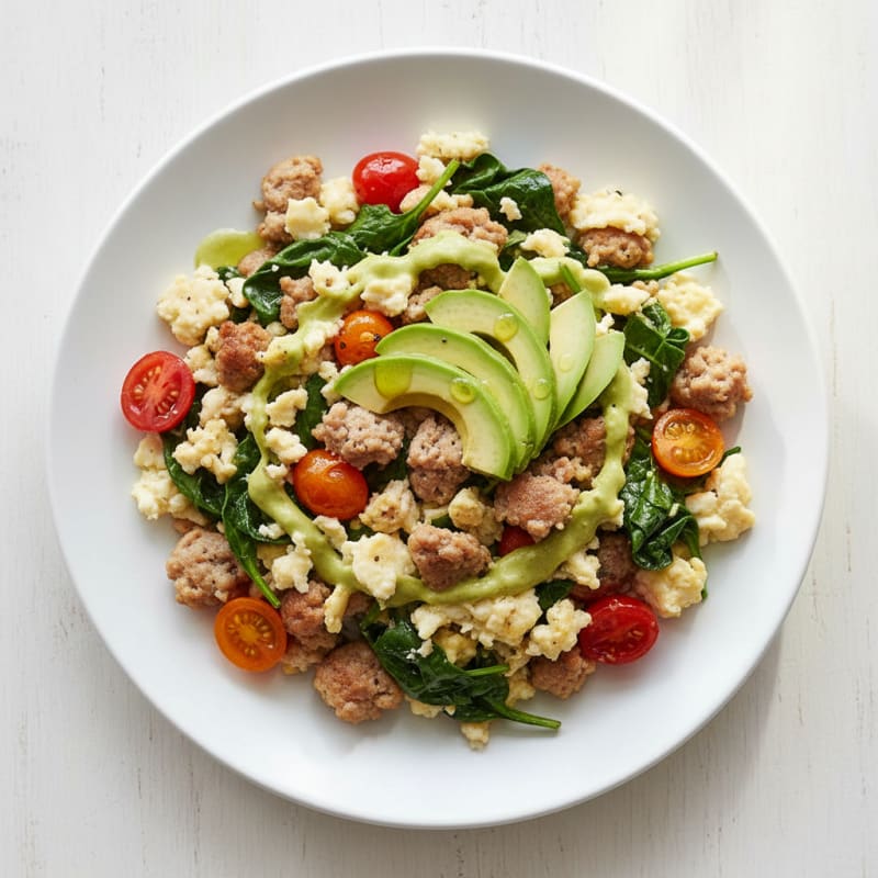 Egg White and Turkey Sausage Scramble with Sautéed Spinach