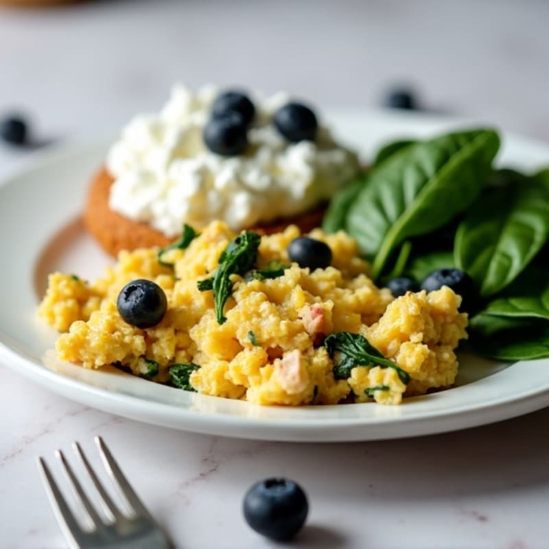 Egg White and Turkey Spinach Scramble with Cottage Cheese & Oatmeal Blueberry Side
