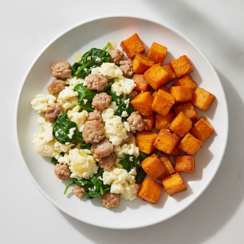Egg White and Turkey Sausage Scramble with Spinach and Roasted Sweet Potato