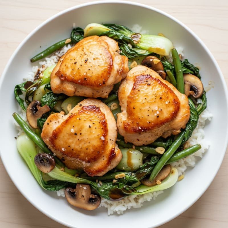 Pan-Seared Chicken Thighs with Bok Choy and Mushrooms
