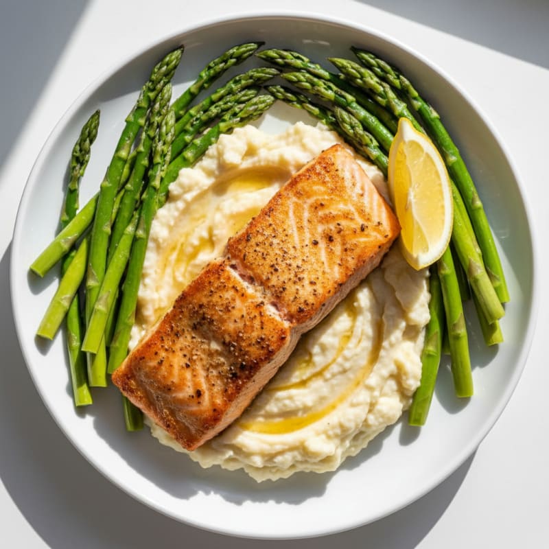 Seared Salmon with Steamed Asparagus and Garlic Mashed Cauliflower
