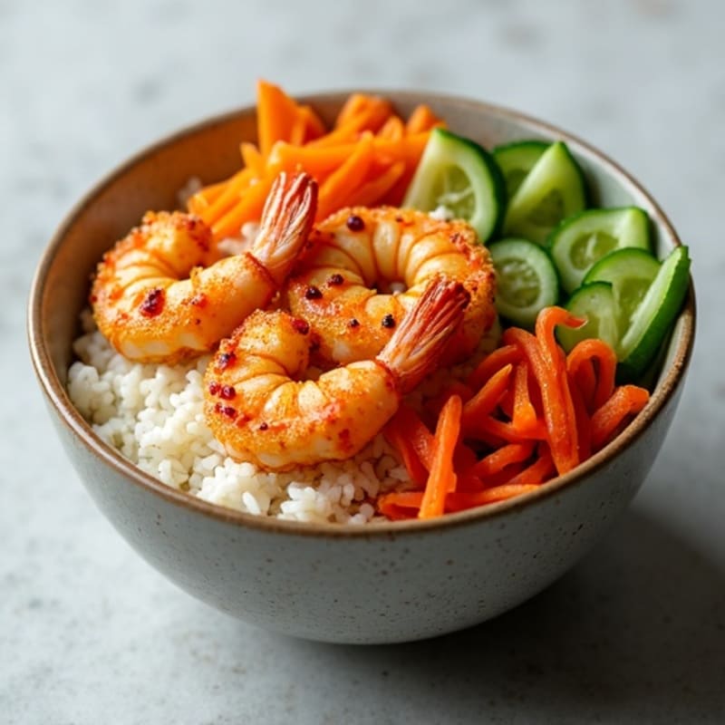 Crispy Chili Shrimp and Sushi Rice Bowl with Kimchi Carrots and Crisp Vegetables