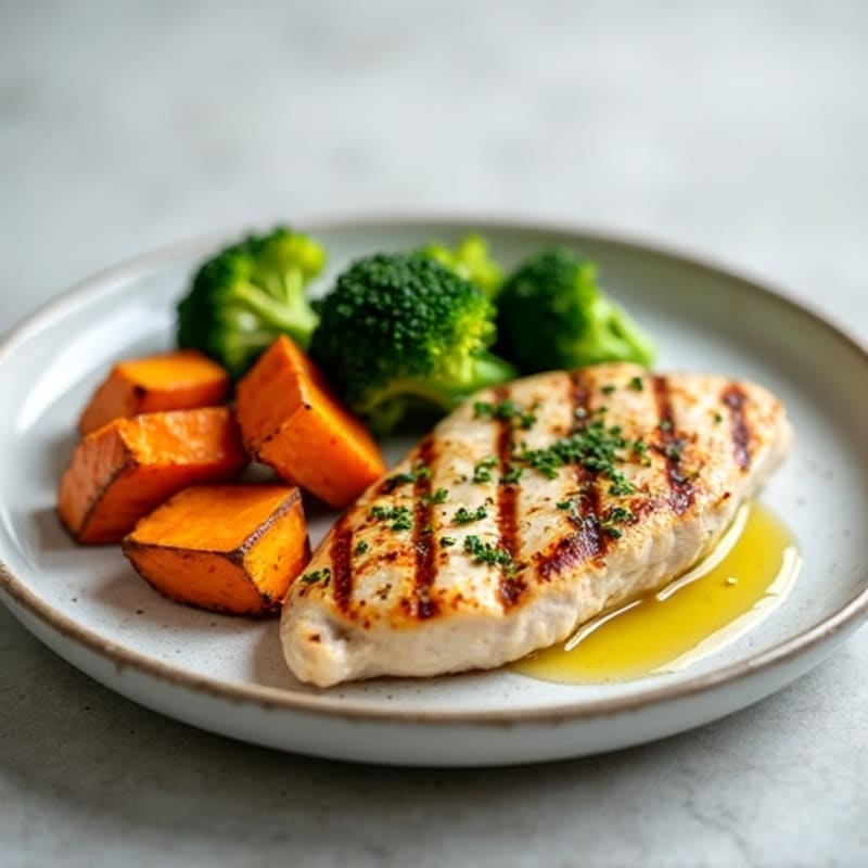 Grilled Chicken Breast with Roasted Sweet Potato and Steamed Broccoli