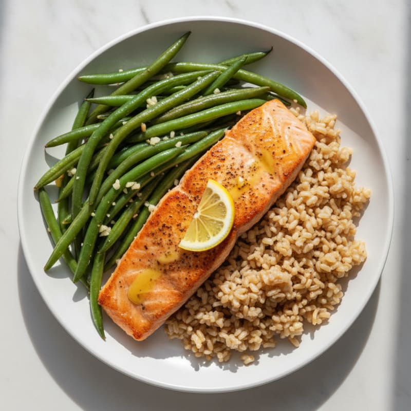 Seared Salmon with Garlic Green Beans and Brown Rice