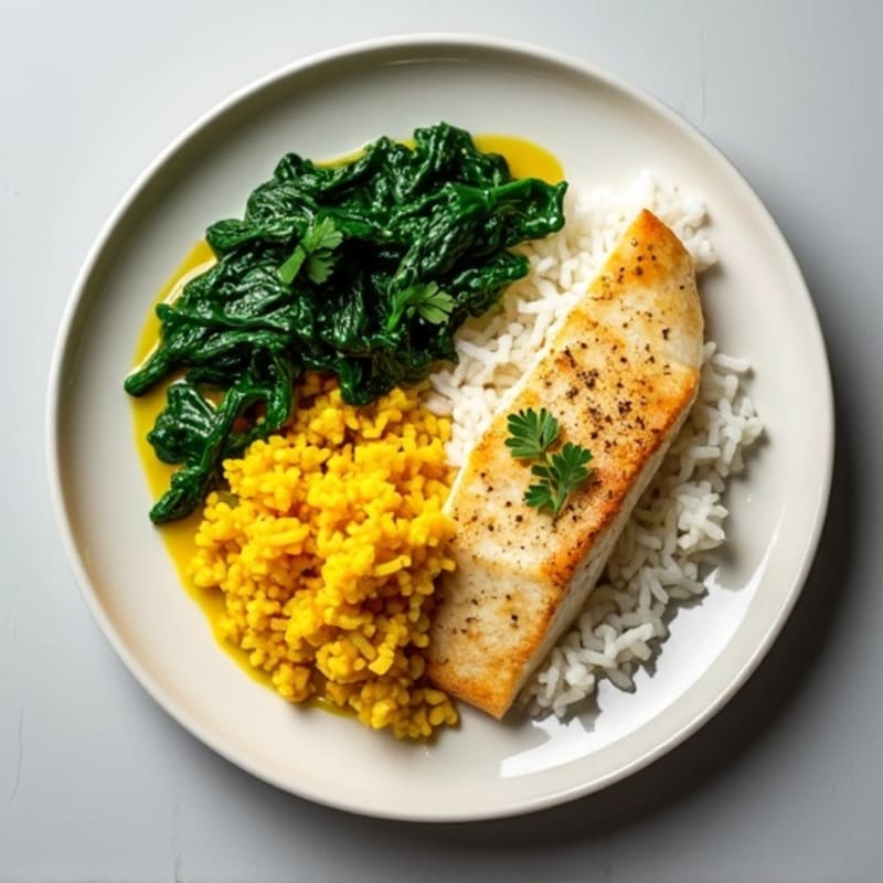 Pan-Seared White Fish with Coconut-Braised Spinach and Turmeric Rice