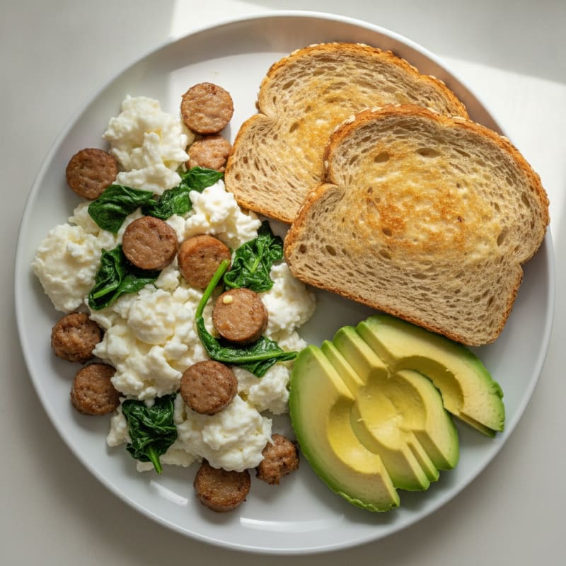 Scrambled Egg Whites with Turkey Sausage and Sautéed Spinach