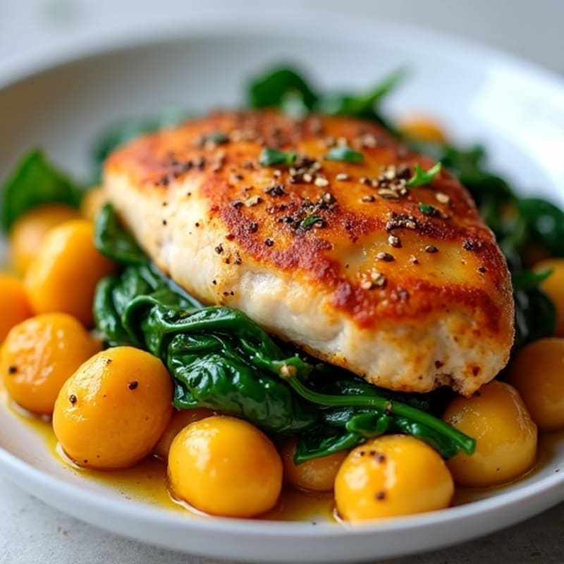 Sweet Potato Gnocchi with Pan-Seared Chicken and Sautéed Spinach