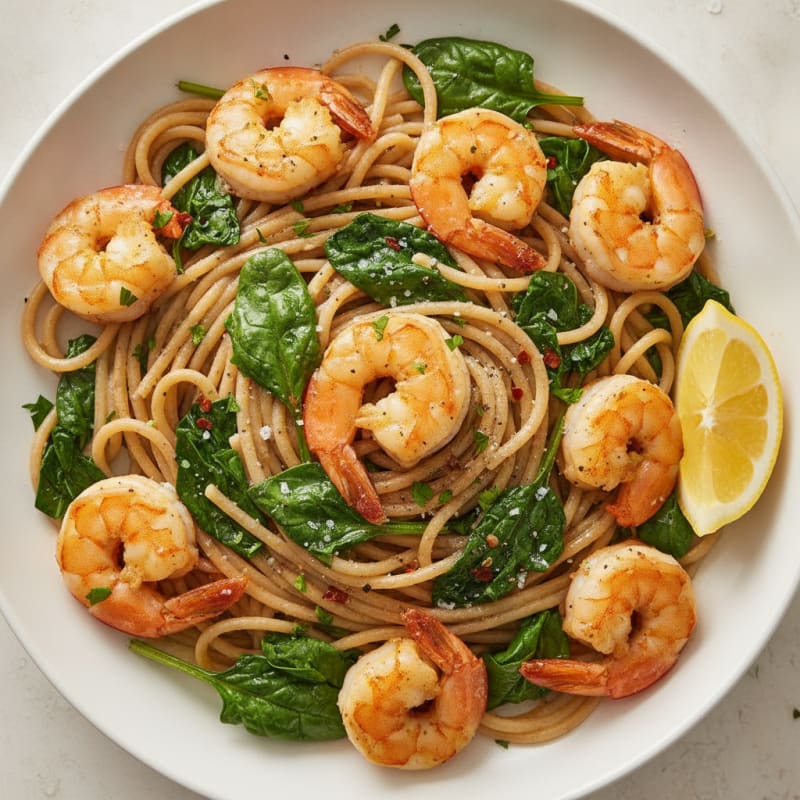 Garlic Prawn Spaghetti with Sautéed Spinach