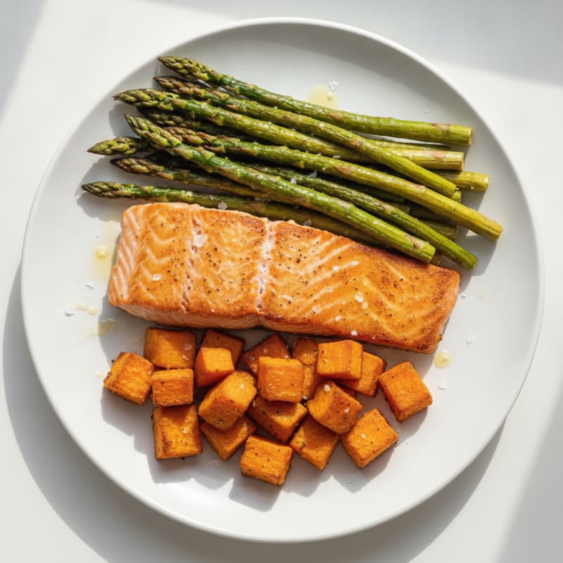Pan-Seared Salmon with Roasted Asparagus and Sweet Potato