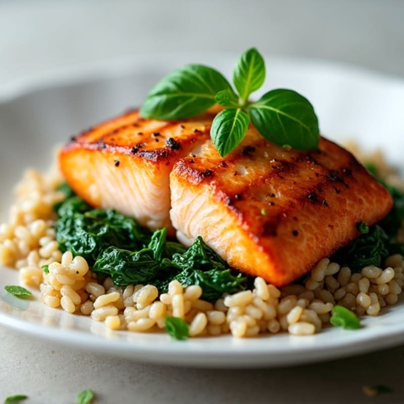 Seared Salmon with Garlic Spinach and Brown Rice