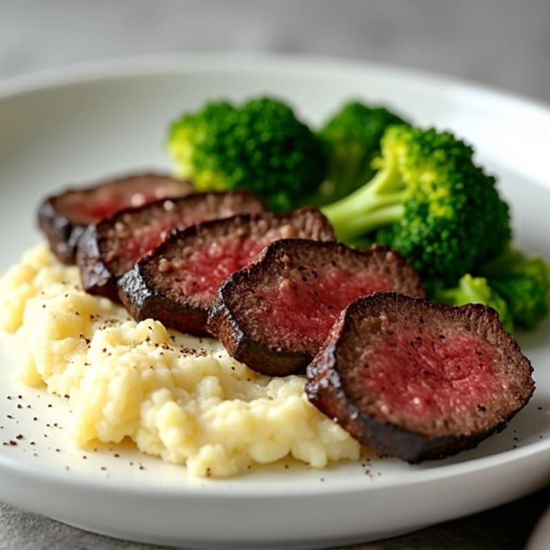 Seared Lean Beef with Steamed Broccoli and Cauliflower Mash
