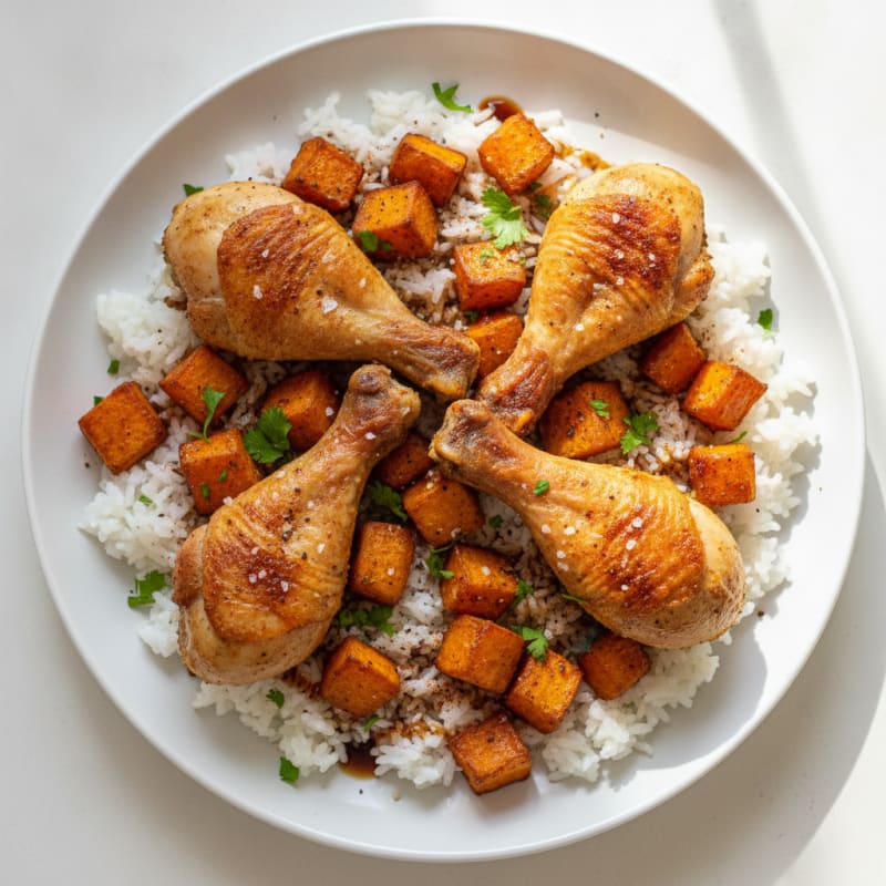 Air-Fried Chicken Drumsticks with Sweet Potatoes and Rice
