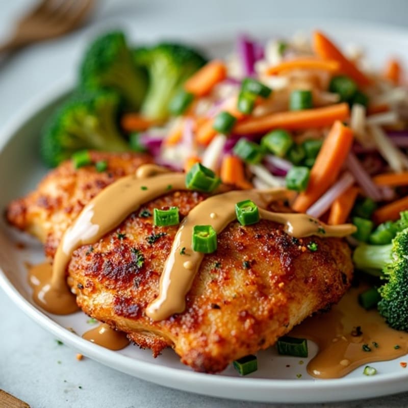 Crispy Pan-Seared Chicken with Spicy Peanut Sauce and Fresh Broccoli Slaw