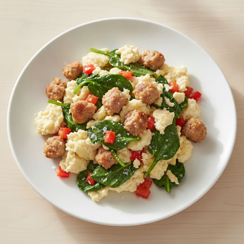 Egg White Scramble with Turkey Sausage and Sautéed Spinach